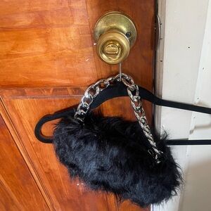 Black Faux Fur Shoulder Bag with Silver Chain